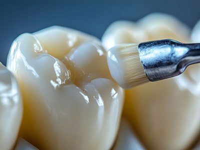 A brush applying a dental sealant to a back tooth