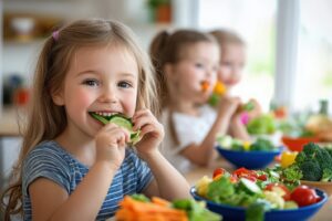 a young girl eating raw vegetables